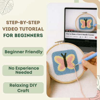 Kukovaya Punch Needle Kit for Beginners & Adults; Complete DIY Embroidery 6-Coaster Kit with Printed Fabric, Yarn, Needle, Hoop & Guide Easy Craft Kit for Home Decor, Gifts & Stress Relief