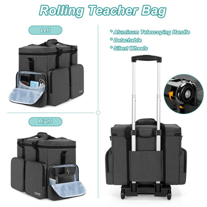 CURMIO Rolling Teacher Tote Bag with Padded Laptop Compartment for up to 15.6 Inches Laptop, Wheeled Teacher Bag for Teaching, Office, Craft, Black