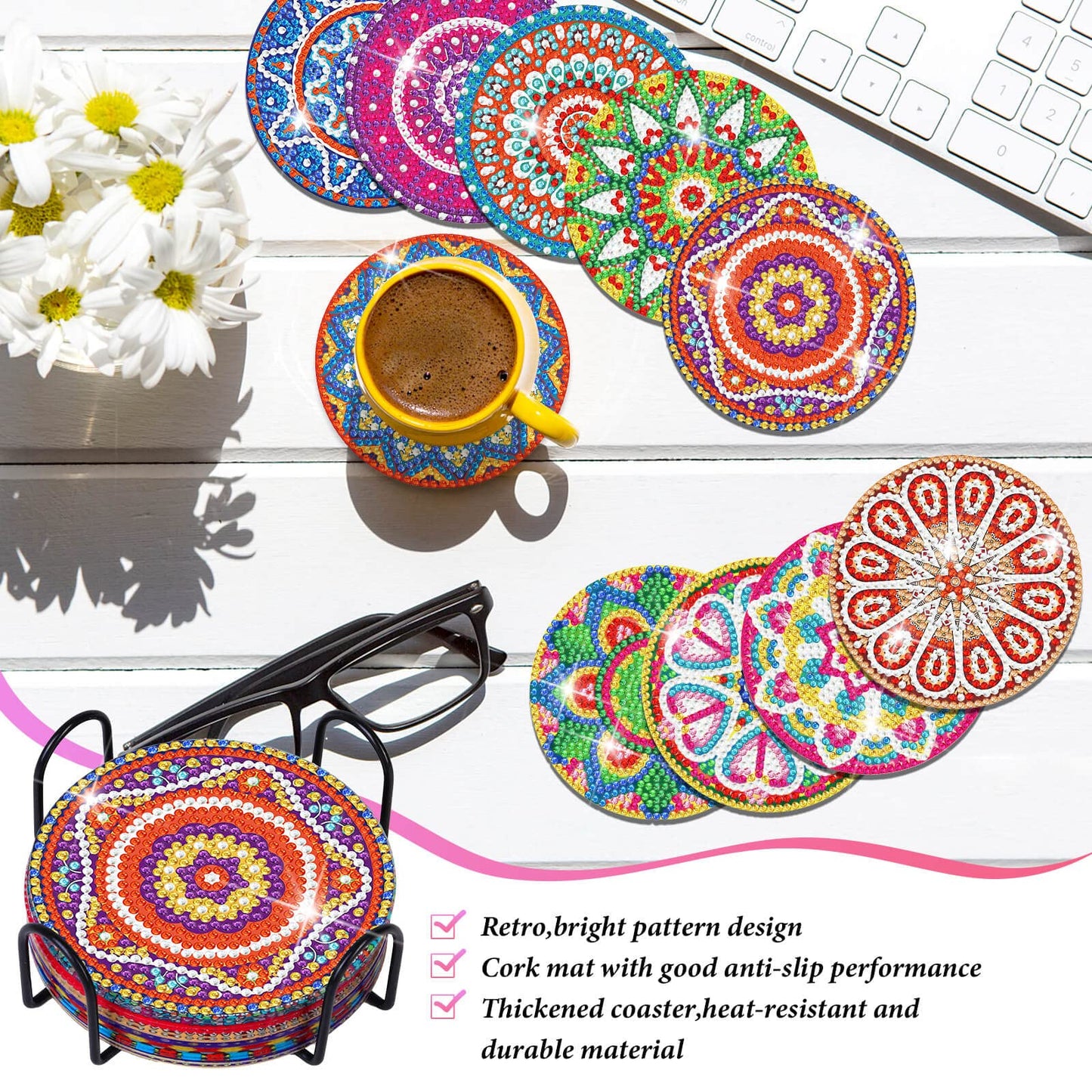 Billbotk Diamond Painting Coasters Kit, 10 Pieces Mandala Diamond Art Coasters with Holder, DIY Diamond Arts and Crafts for Adults