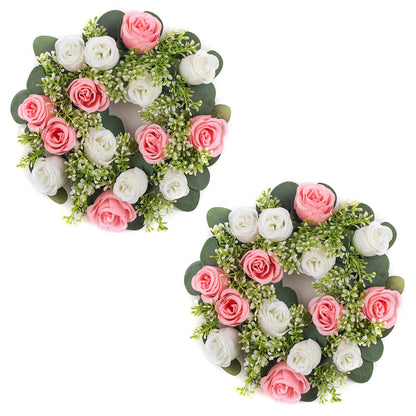 NUPTIO Flower Candle Rings for Centerpieces: 13.4 Inch Artificial Rose Wreath for Wedding Party Christmas - Pink & White Wreaths for Spring Summer Front Door Porch Table Decor 2 Pcs