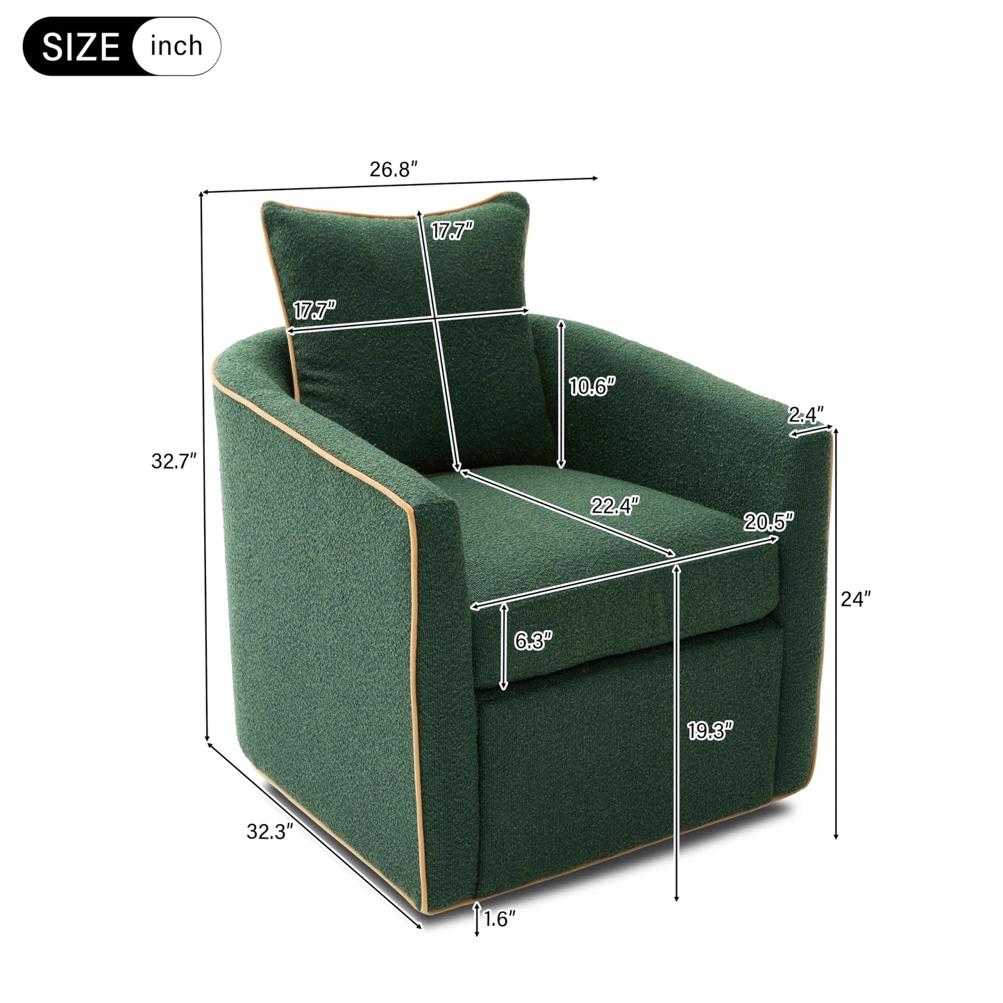 Christopher Knight Home Arlo 360° Swivel Accent Chair for Living Room, Bouclé Upholstered Rotating Lounge Chair Indoor, Barrel Swivel Chair with Iron Frame, Curved Armrest and Padded Seat, Green