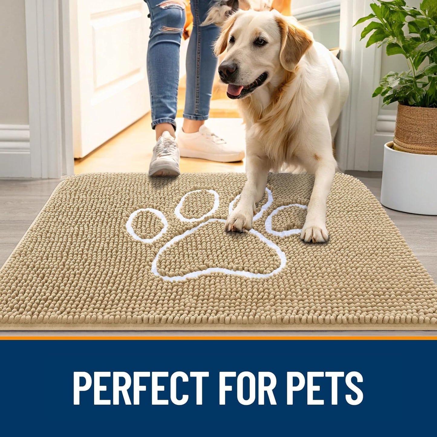 OLANLY Dog Door Mat - Absorbent Non-Slip Chenille for Muddy Paws | 59x24 Beige Paw Print Design