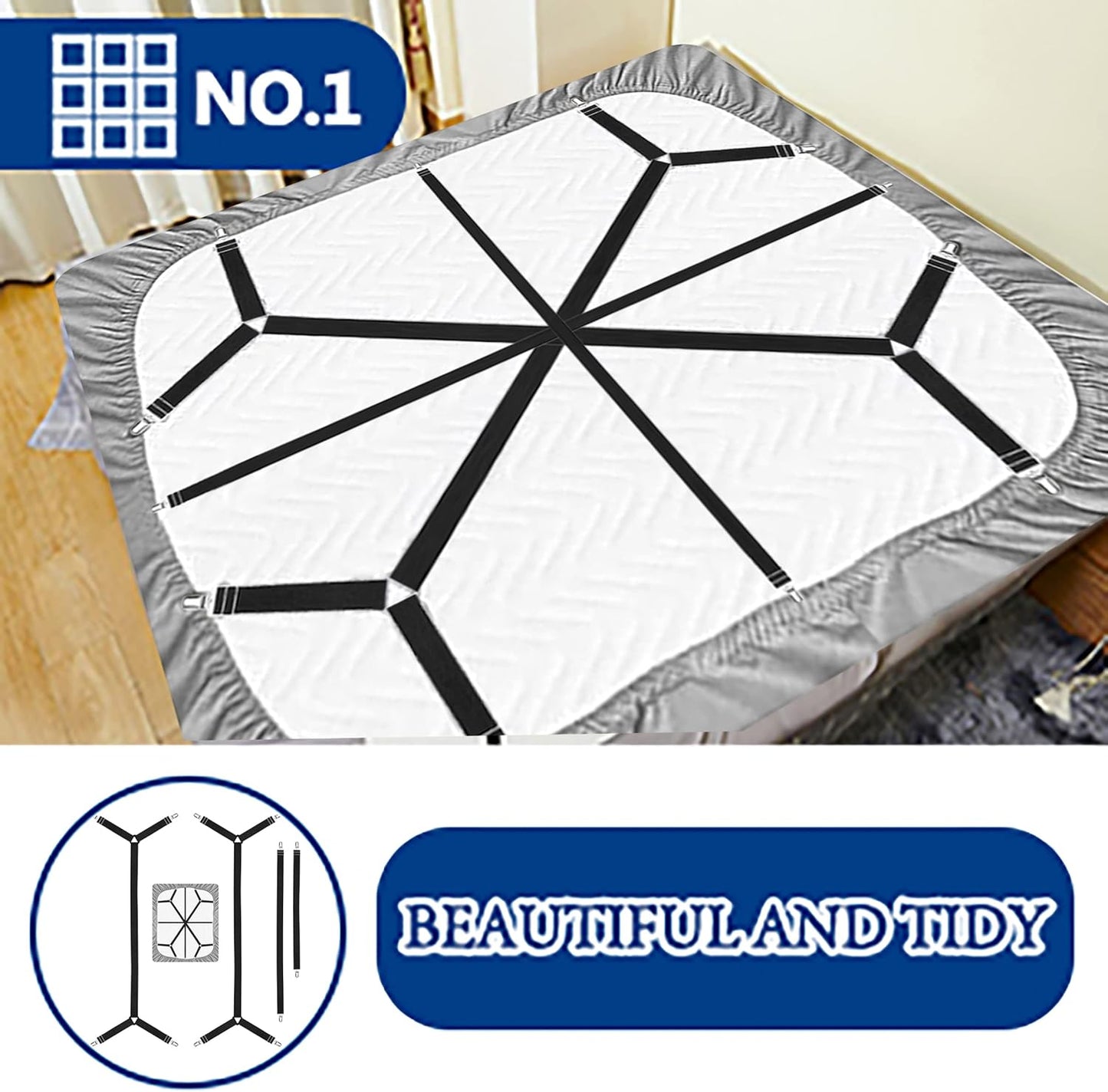 Bed Sheet Holder Straps - Adjustable Clips to Hold Sheets in Place, Elastic Grippers, Fasteners for Bedding and Bedsheet