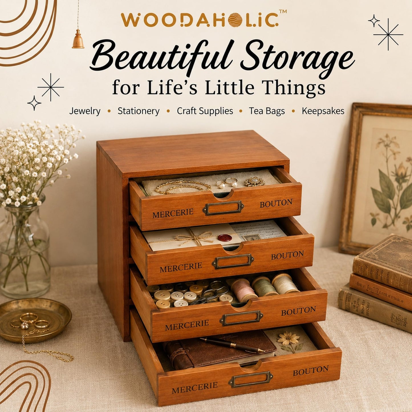 Modular Stackable Apothecary Cabinet 4 Drawer Desk Organizer - Retro Library Card Catalog Wood Storage Box - Organize Stationery, Thread Embroidery, Sewing, Crafts, Junk Drawer & Supplies Countertop