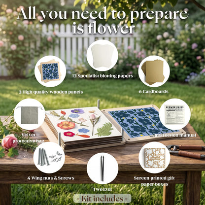 Fuwuu Flower Press Kit 7.1" - Medium Wooden Plant Pressing Book for DIY Art, Blue Camellia Design 6-Layer Leaf Flower Preservation Kit for Adults, Herbarium Scrapbooking Craft Gift