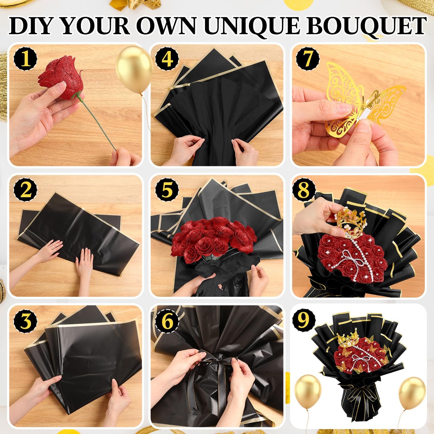 Daifunli 196 Pcs Graduation Gifts DIY Glitter Roses Bouquet Kit Artificial Flower Bouquet Kit Grad Birthday Gifts Flower Wrapping Paper 3D Butterflies Crowns for Grad Wedding Anniversary(Red)