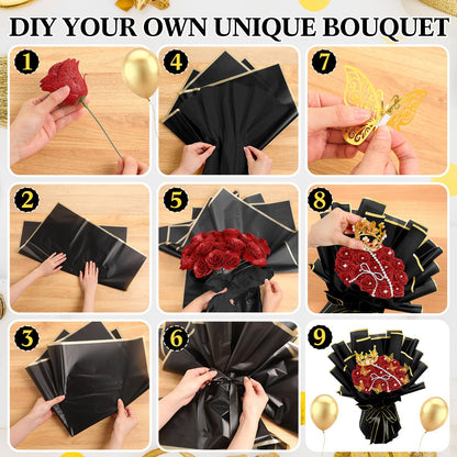 Daifunli 196 Pcs Graduation Gifts DIY Glitter Roses Bouquet Kit Artificial Flower Bouquet Kit Grad Birthday Gifts Flower Wrapping Paper 3D Butterflies Crowns for Grad Wedding Anniversary(Red)