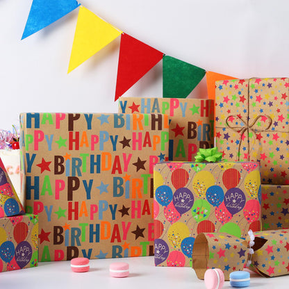 BIOBROWN Kraft Birthday Wrapping Paper, Colorful Gift Wrap with Text Happy Birthday Balloon Stripes Design for Kids, 17 inch X 120 inch Per Roll