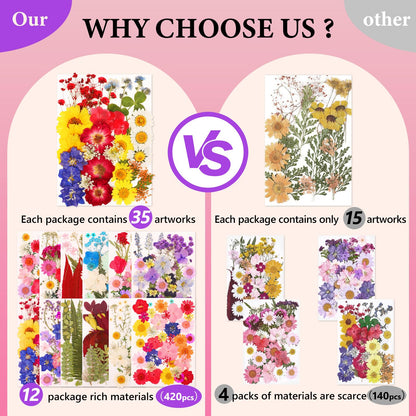 NESCCI 420 Pcs Dried Pressed Flowers for Resin,Real Nature Dried Flowers for Crafts Bulk Dry Flowers Leaves Kit Used for Resin Molds Scrapbooking DIY Art Crafts Candle Soap Making Nails Décor