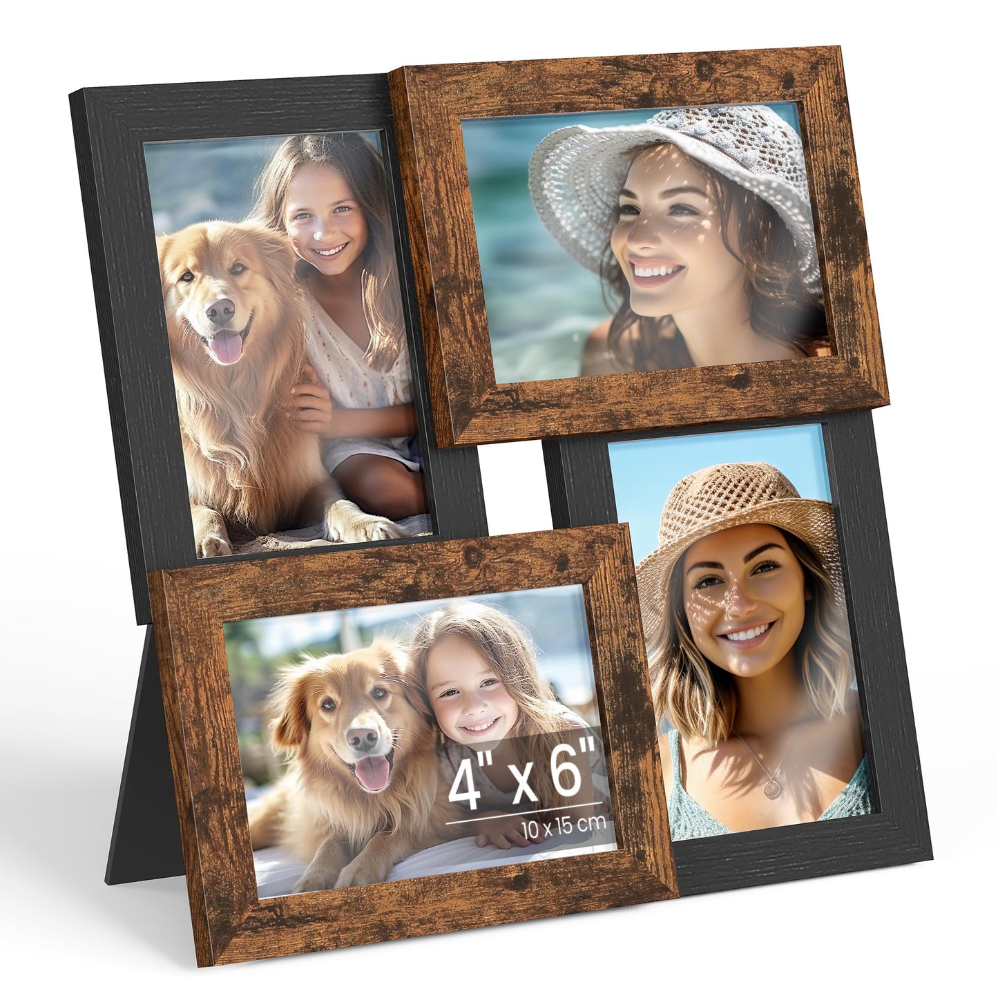 SONGMICS Collage Picture Frames, 4x6 for Wall Decor, Multi Family Photo for Gallery Decor, Hanging Display, Set of 4, Ink Black and Rustic Brown URPF025K01