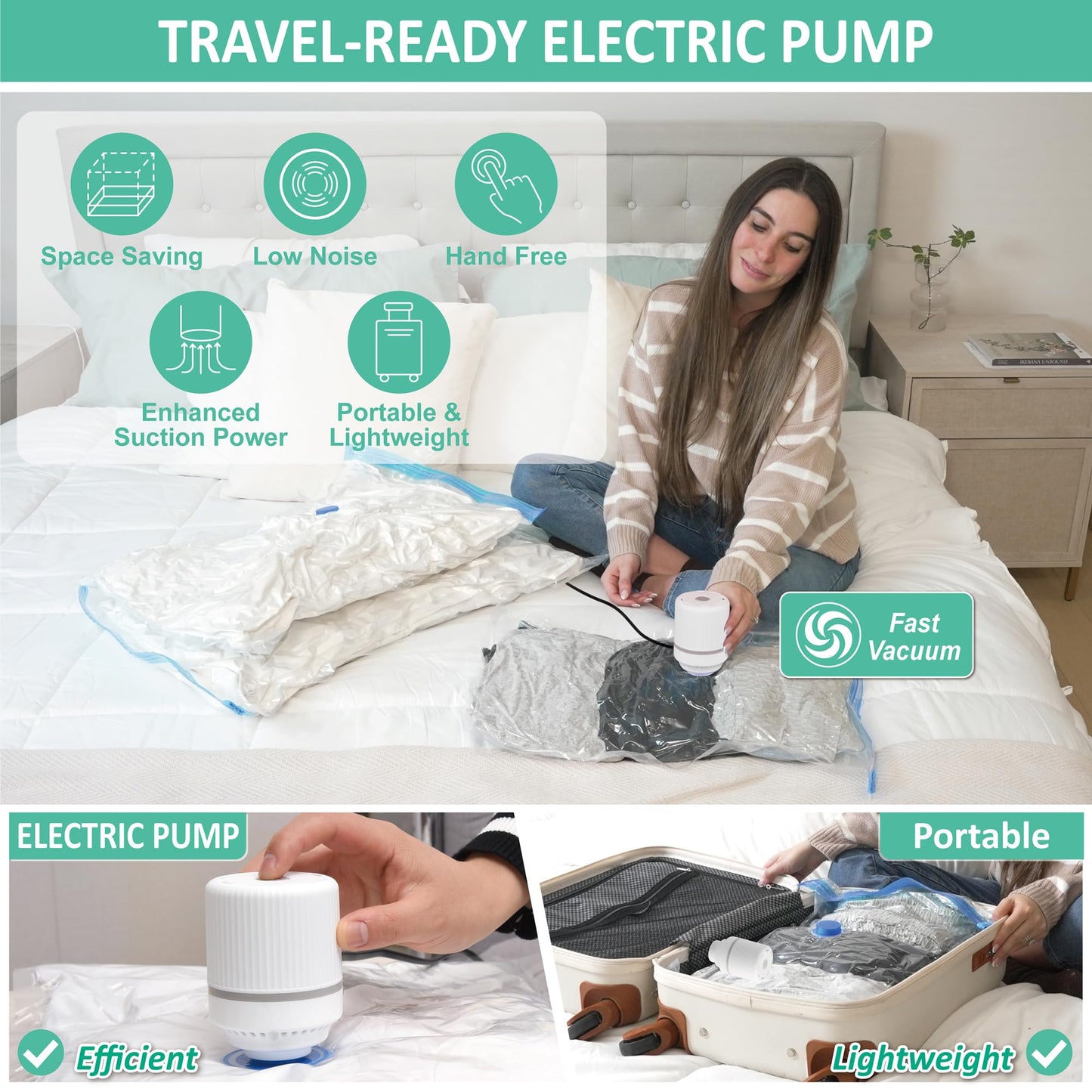 Cozy Essential 20 Pack Vacuum Storage Bags with Electric Pump, Vacuum Seal Bags for Clothing, Pillows, Blanket Bedding Comforters