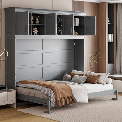 Murphy Bed Queen Size,Murphy Bed with Top Cabinets & Wine Rack,Space-Saving Hideaway Wall Foldable Bed w/Dual Piston Metal Folding Mechanism,Bedroom Folding Bedframe for Guest Room,Gray