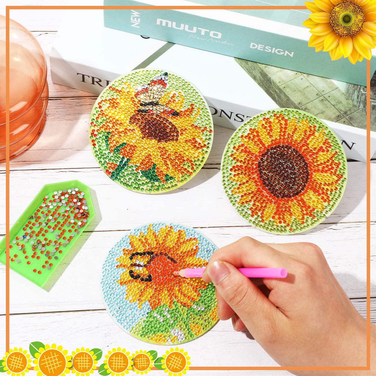 UPINS 8Pcs Sunflower Diamond Art Painting Coasters for Drinks DIY Coaster Diamond Art Kits for Adults Diamond Art Craft Supplies (Sunflower)