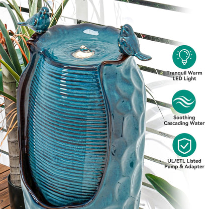 Autodaya 32.5" H Ceramic Jar Outdoor Fountain, Honeycomb Pot Water Feature with LED Lights, Soothing Trickling Waterfall for Garden, Patio, Yard, Balcony Oasis, KD Vivid Birds, Turquoise Glaze