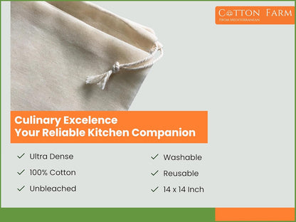 14 14 Inch, 100% Cotton Farm Nut Milk Bag & Cheese Cloth Bag (Ultra Dense), XL Unbleached Cotton Cheesecloth
