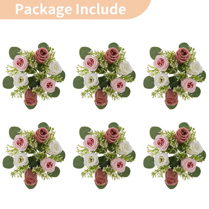 NUPTIO Small Flower Rings for Centerpieces: 9.05 Inch Dusty Rose & White Candle Rose Wreath for Wedding Party Christmas Decorations - Spring Summer Front Door Porch Decor 6 Pcs