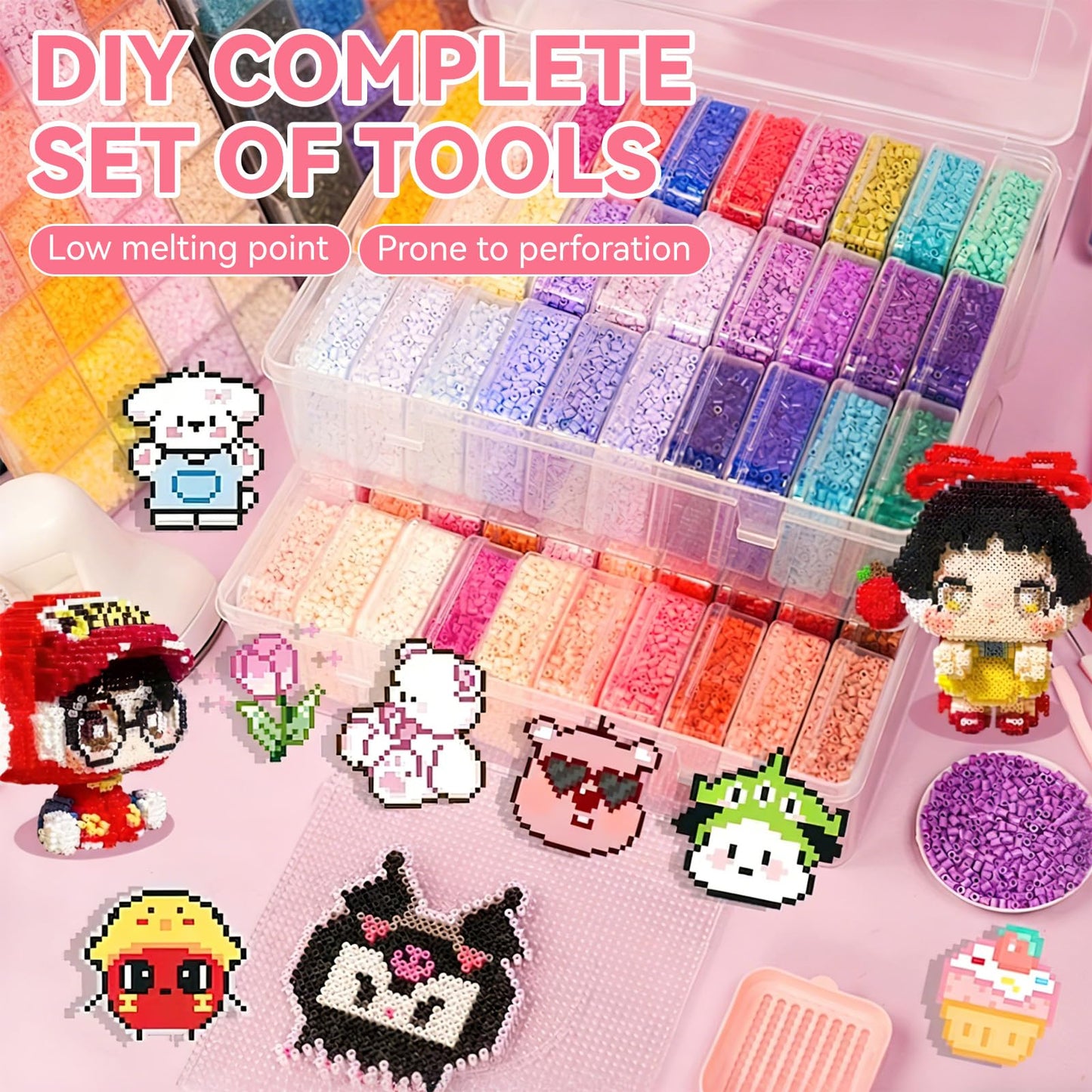 Fuse Beads Kit for Jewelry Making, 2000 Pcs Melty Beads with Storage Box and Big Iron, Create Bracelets, Keychains, Pixel Art, Complete Crafts for Girls & Boys Birthday Gifts, Easter Basket Stuffers