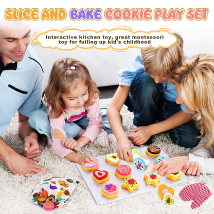 Slice and Bake Wooden Cookie Play Food Set for Kids Kitchen - Toy Food Accessories - Kids Pretend Cookies and Baking Sheet, Toy Baking Set for 3+ Year Old Boys Girls Birthday Gifts