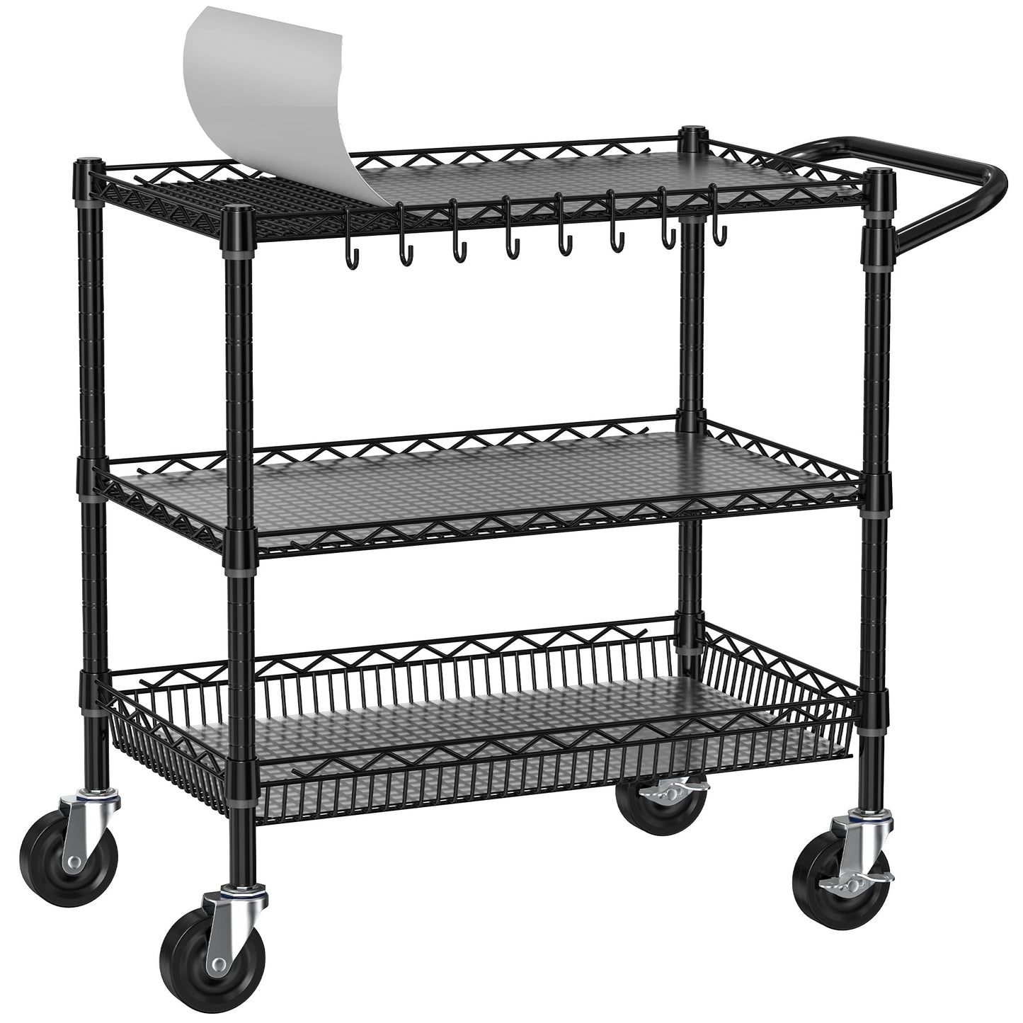 Folews Heavy Duty Rolling Cart with Wheels, 3 Tier Commercial Grade Utility Cart, Metal Storage Organizer Trolley with Handle Bar & Shelf Liner for Pantry, Laundry Room & Household Supplies, Black