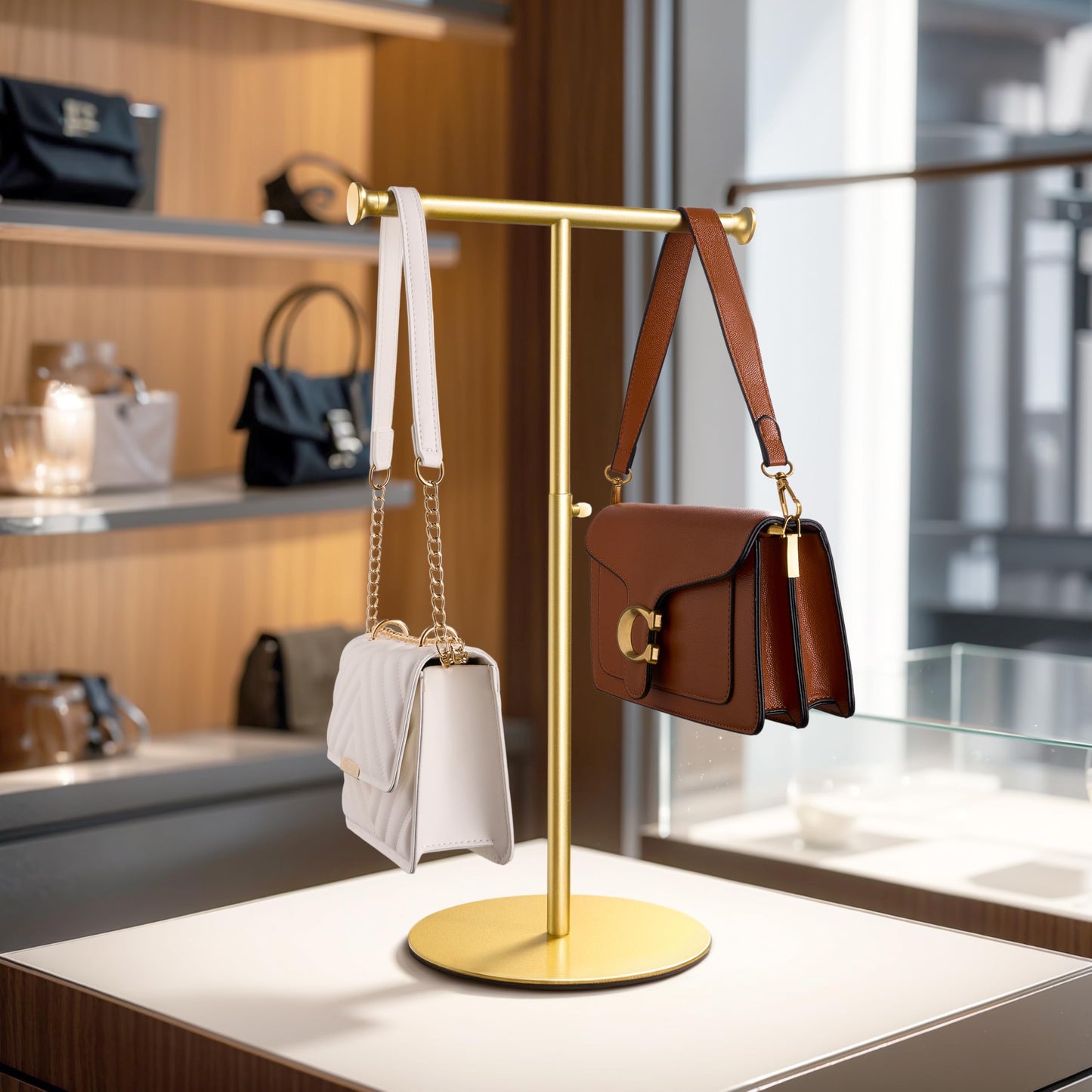niffgaff 2 Pack 15‘’-24‘’ T Bar Purse Display Stand Tabletop: Adjustable Height Handbag Holder, Countertop Hanging Rack for Long Necklace Scarf Lanyard, Gold