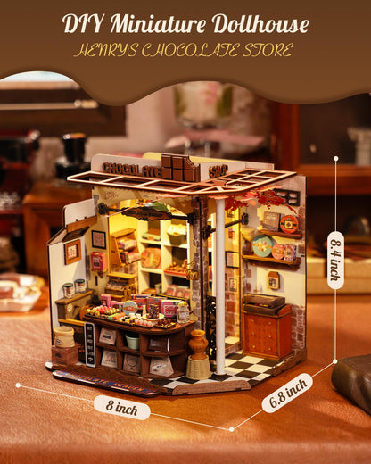 Rolife DIY Miniature House Kit Henry's Chocolate Shop, Tiny House Book Nook for Bookshelf Decor, 3D Puzzles Model Building Kits for Teens, Birthday Gifts/Craft Kits for Girls Boys (Henry's Chocolate)