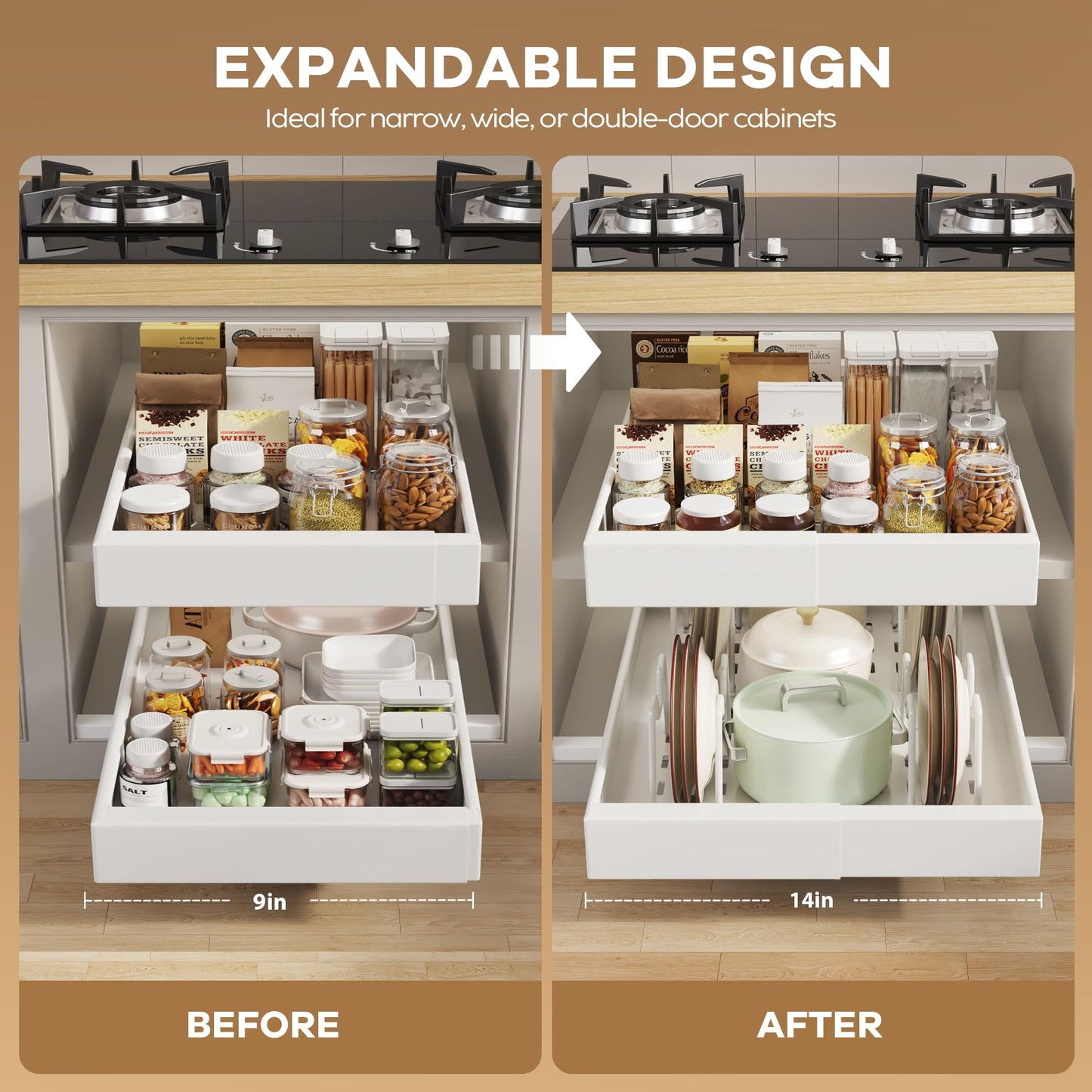Seinloes 2 Pack Pull out Cabinet Organizer 21" Deep With Raising Pad for Framed Cabinets, Expandable Slide out Drawers for Kitchen Cabinets with 4pcs Divider Racks, Roll out Shelves 9"-14" W White