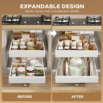 Seinloes 2 Pack Pull out Cabinet Organizer 21" Deep With Raising Pad for Framed Cabinets, Expandable Slide out Drawers for Kitchen Cabinets with 4pcs Divider Racks, Roll out Shelves 9"-14" W White