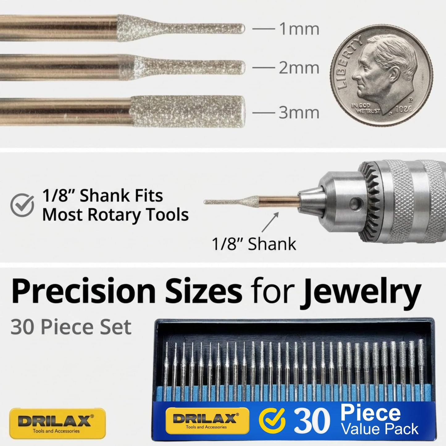 Drilax Diamond Drill Bits for Stone and Glass – 30 Pc Set (1mm, 2mm, 3mm) 1/8 Shank for Dremel & Rotary Tools – Jewelry Making, Gemstone, Sea Glass and Lapidary Drill Bits Kit