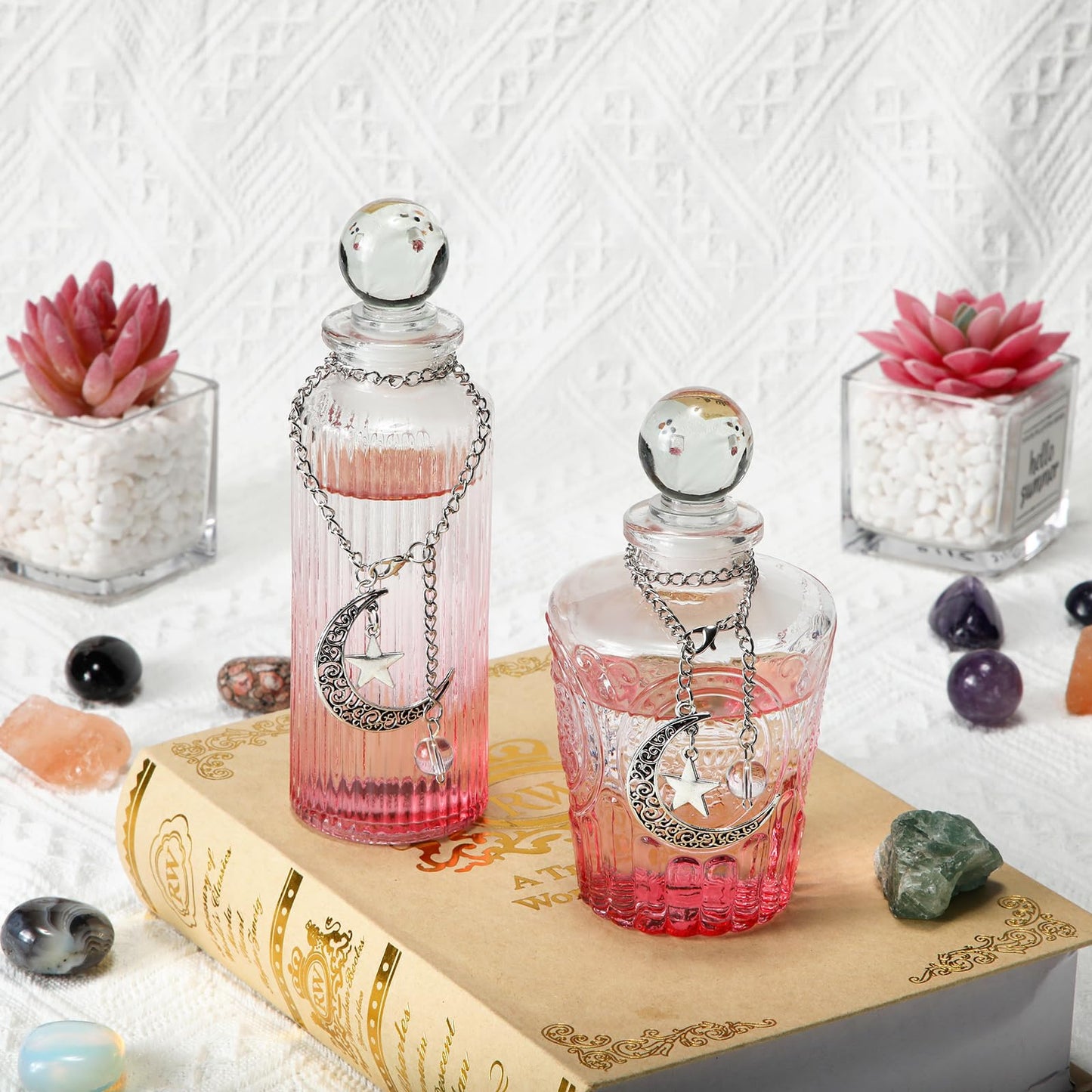 Potchen 2 Pcs 5 oz Moon Energy Glass Bottle with 2 Lunar Star Spiritual Moonlight Water Jar Chain Charging Container with Lid for Infusing Intentions Crystal Cleansing Meditation Witchcraft Home Decor