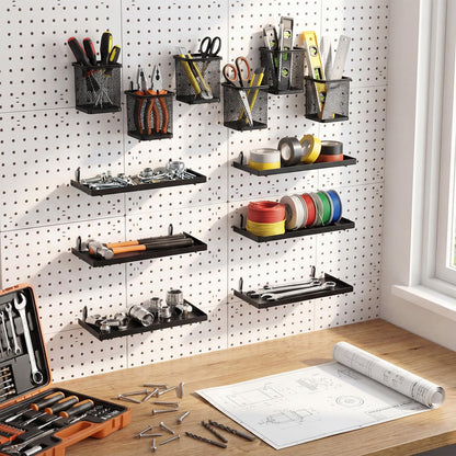 Tosstuki 12 Pack Pegboard Organizer Accessories - 6 Pegboard Cups Pencil Holder Peg Board - 6 Shelves Metal Shelf Brackets - Tools Storage Arrange System Kit for Office Garage Room