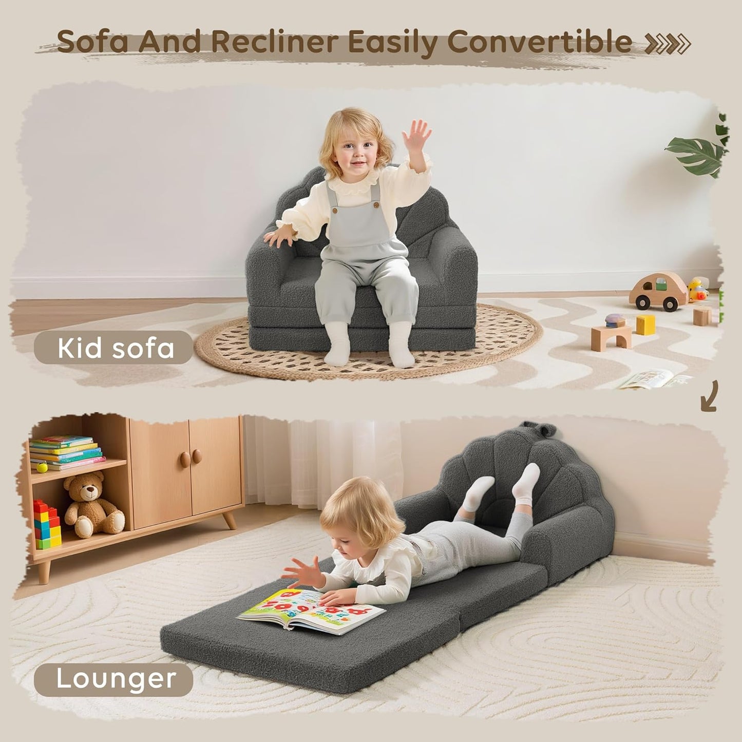 2-in-1 Airpanda Toddler Chair for Kids, Soft Couches that Fold Out for Toddler, Convertible Baby Sofa to Lounger