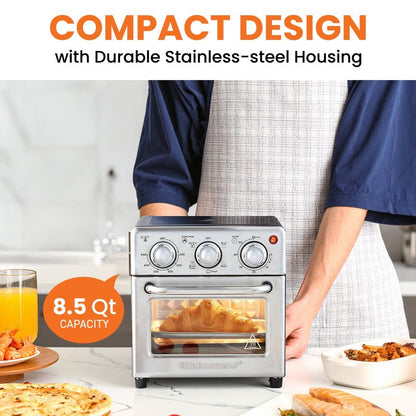 Elite Gourmet Compact 8.5Qt Air Fryer Oven – Mini Countertop Air Fryer with Adjustable Time & Temperature Controls, 800W, Includes Air Fry Basket, Bake Pan & Recipes, Stainless Steel
