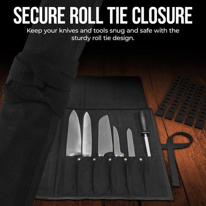 Chef Knife Roll Bag - Durable 6 Slot Black Waxed Canvas Knife Roll- Water Resistant Standard Knife Bag w/ Roll Tie, Large Zippered Pouch & 6 Plastic Knife Guards-Fits knives up to 2” wide & 15” long