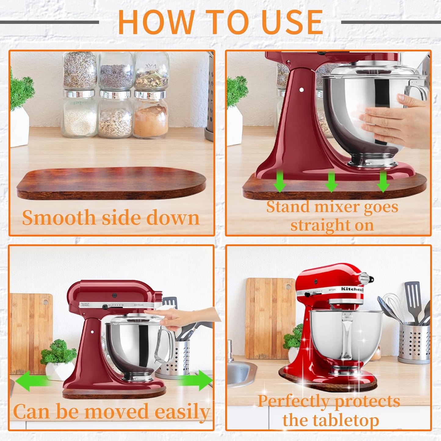 Wooden Sliding Mat for Kitchen Aid 4.5/5Qt Stand Mixer with 4 Silicone Kitchen Tools