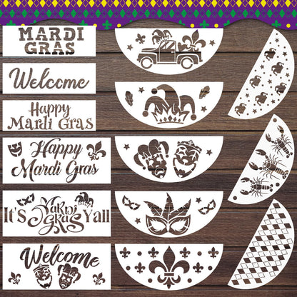 Cinrobiye 14 Pcs Mardi Gras Stencils for Door Mats Crafts Large Reusable New Orleans Welcome Templates for Painting on Wood Sign Wall Doormat Banner Bag Fabrics DIY Project Supplies