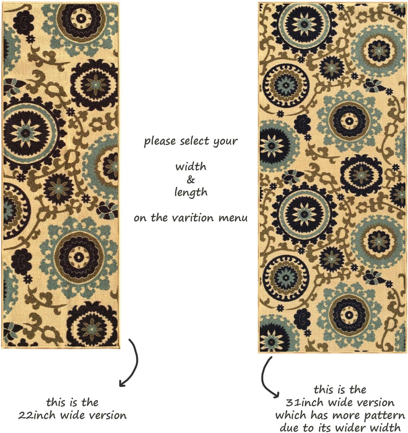 Custom Size Beige Floral Medallion Rubber Backed Non-Slip Hallway Stair Runner Rug, 31 Inch Wide, Choose Your Length