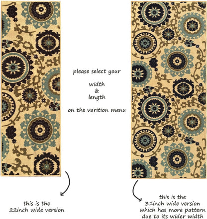 Custom Size Beige Floral Medallion Rubber Backed Non-Slip Hallway Stair Runner Rug, 31 Inch Wide, Choose Your Length