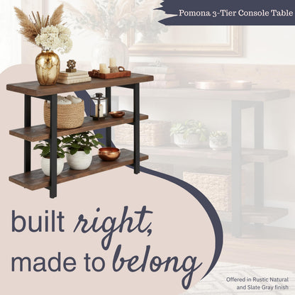 Alaterre Furniture Pomona 3-Tier Solid Wood Media Console Table with 2 Open Shelves and Metal Legs - Rustic Industrial Farmhouse TV Stand and Storage Console (Rustic Brown)
