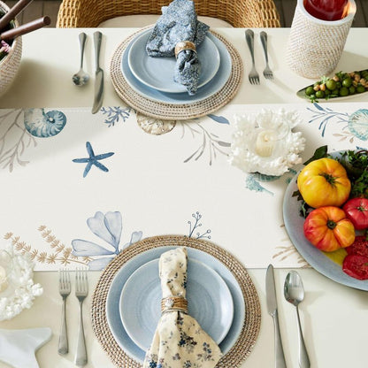 Bonhause Nautical Coastal Table Runner 13x72 Inch Ocean Beach Seahorse Starfish Seashell Summer Kitchen Dinning Table Decoration for Indoor Outdoor Home Party Decor