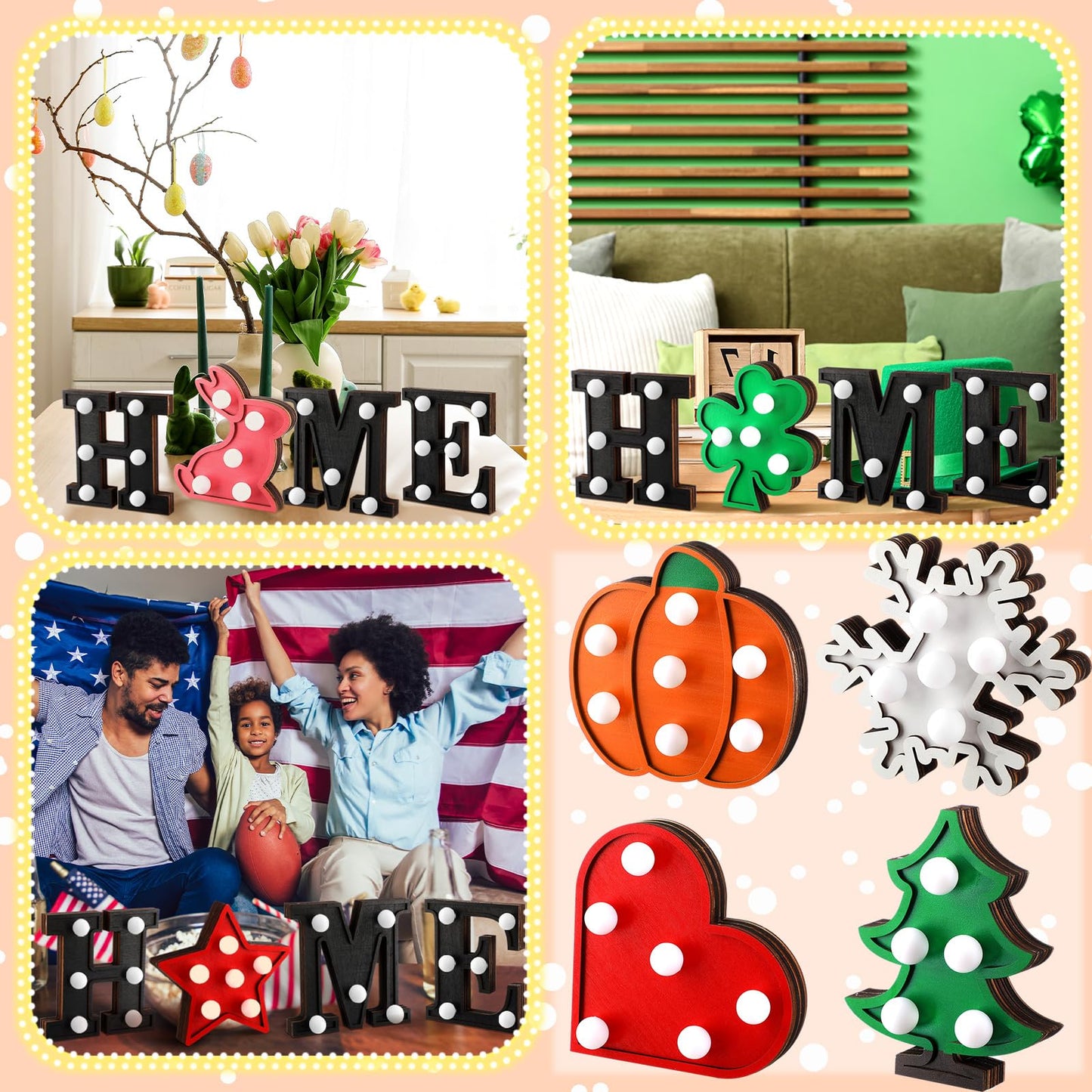 Aurelema Interchangeable Home Table Signs with 8 Pcs Seasonal Icons Wooden "home" Letter Signs with LED Marquee Light up 4th of July Table Decorations Decorative Centerpiece for Room Decoration
