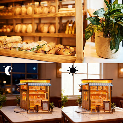 Joibabe DIY Miniature House - LED Lighting Book Nook Kit Dollhouse Kit for Adults and Teens, Book Nook Tiny House Bookshelf 3D Wooden Puzzle, Gifts for Family Friends (Bakery)