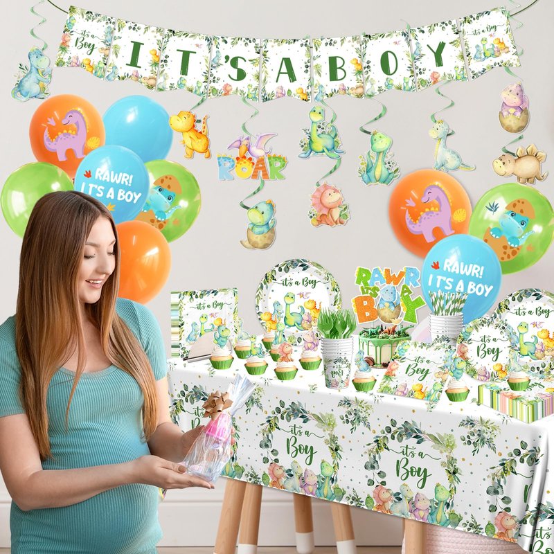 Dinosaur Baby Shower Decorations for Boy, It's a Boy Baby Shower Party Supplies Disposable Dino Plates Napkins Banner Tablecloth Cake Topper Balloon for Dinosaur Birthday Party Decorations, Serve 24