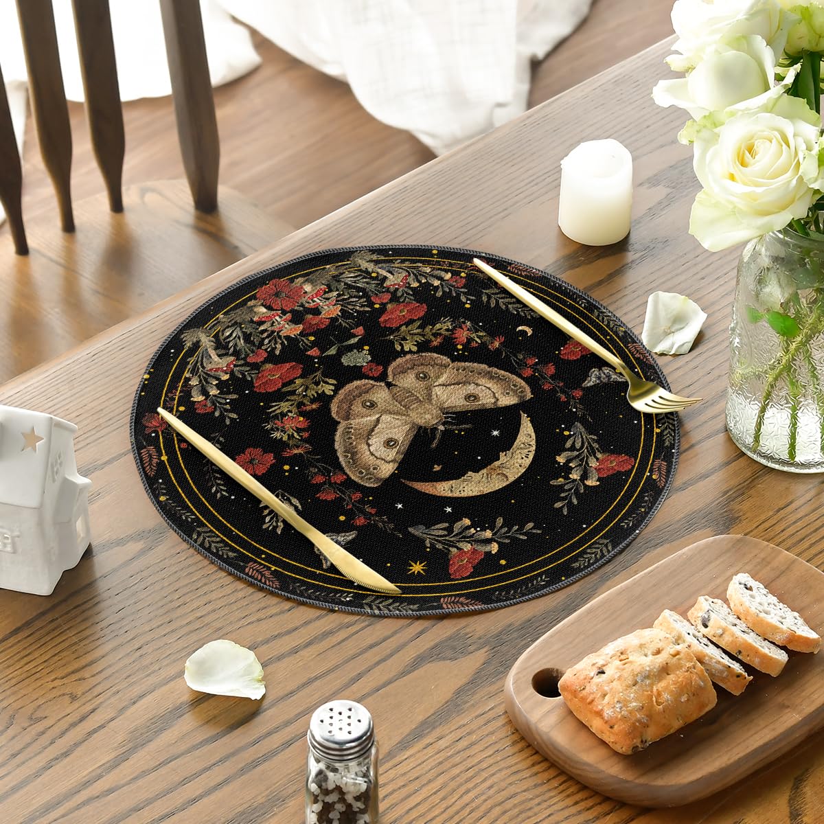 Artoid Mode Black Poppy Moth Moon Round Placemats Set of 4, 14 Inch Floral Spring Round Table Mats for Party Kitchen Dining Decoration