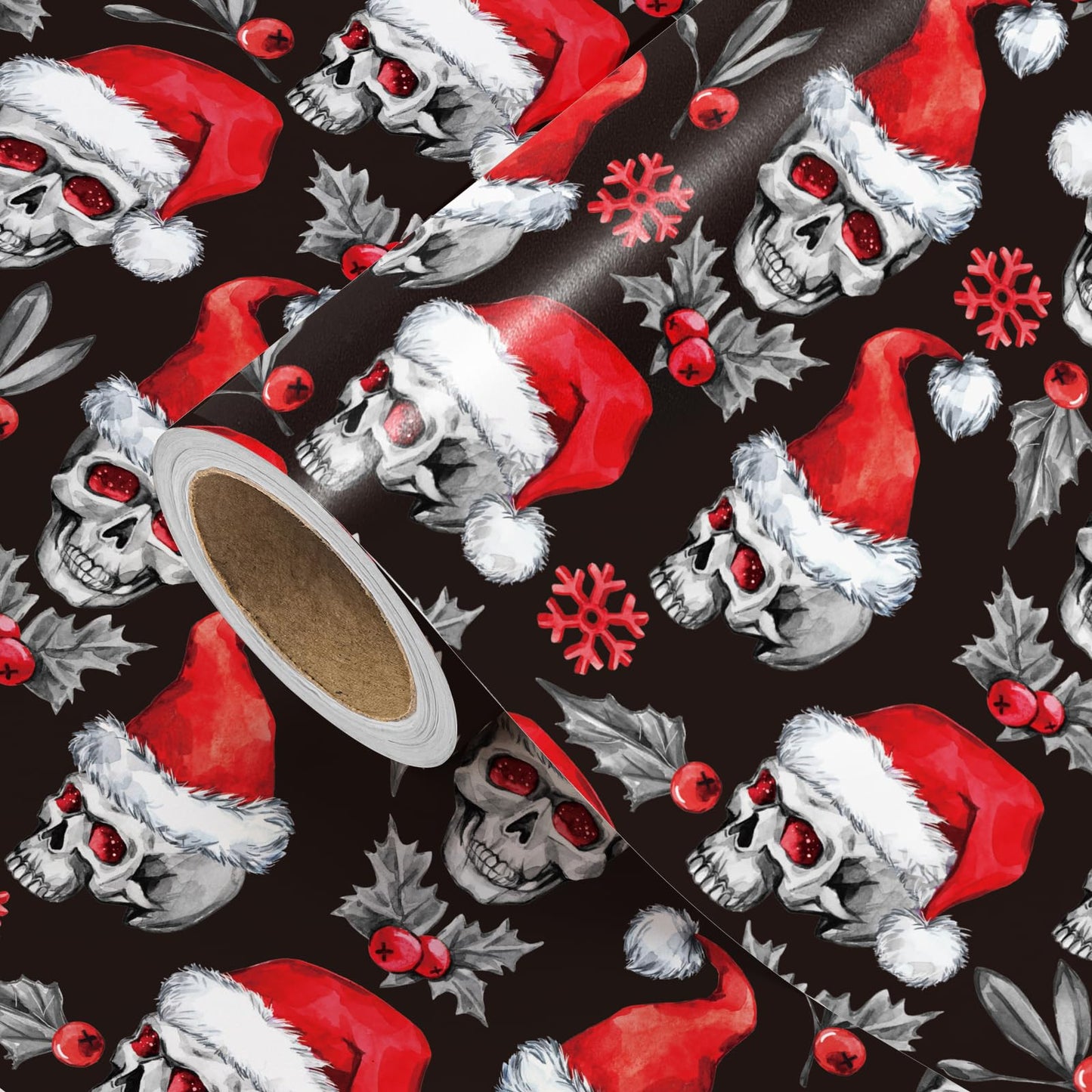 WRAPAHOLIC Skull Christmas Wrapping Paper - Mini Roll - 17 Inch x 16.5 Feet - Holly and Santa Hat Skull Wrapping Paper for Christmas, Halloween, Holiday, Party Celebration