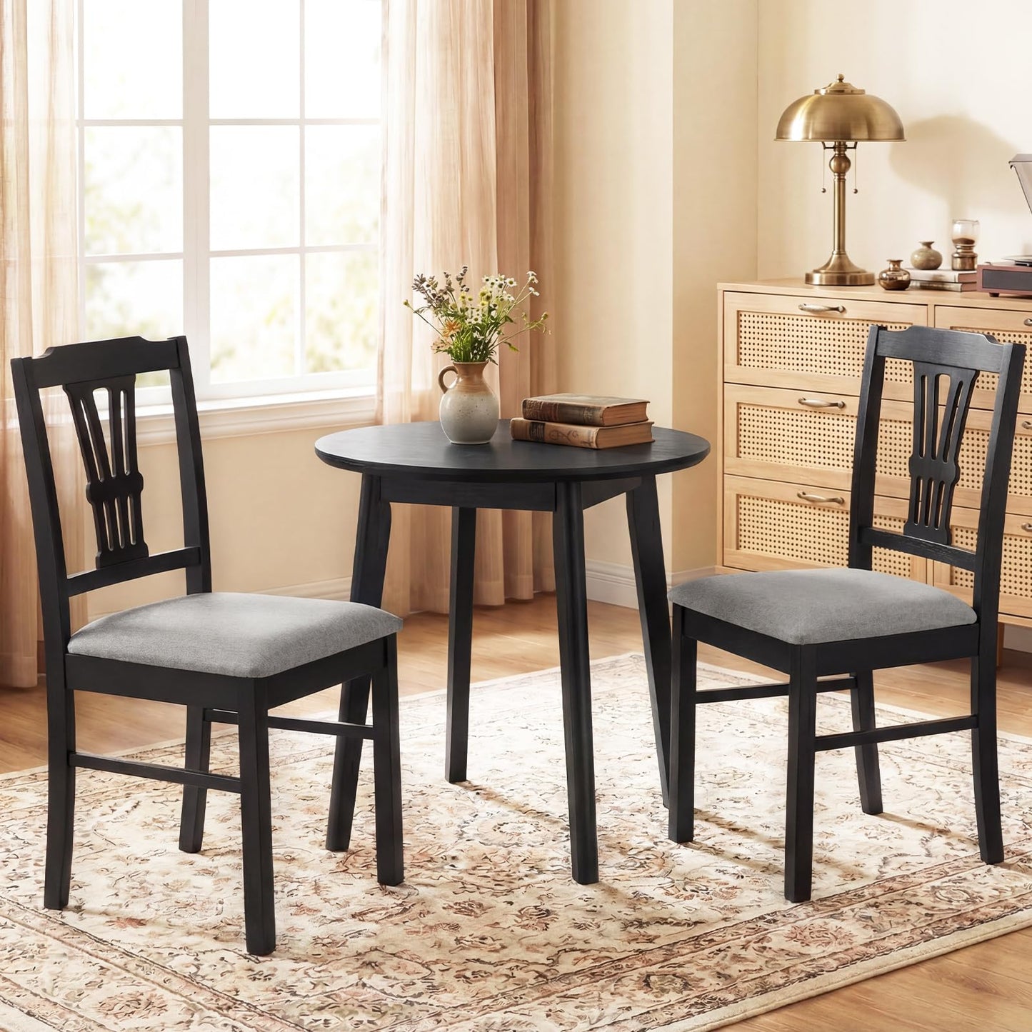 Giantex Wooden Dining Chairs Set of 4, Upholstered Kitchen Chairs with Solid Rubber Wood Frame, Hollowed Backrest & Soft Padded Seat, Armless Dining Chairs for Kitchen, Dining Room, Black & Gray