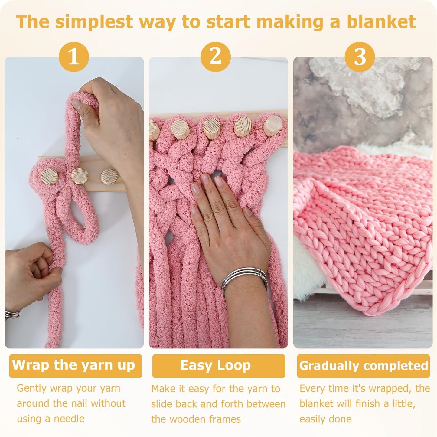 ZMJY 46" Adjustable Chunky Yarn Loom Kit for DIY Blankets | Beginner-Friendly Hand Knitting Loom with Modular Wooden Frame | No Needles Required for Family Craft, Home Decor & Stress Relief