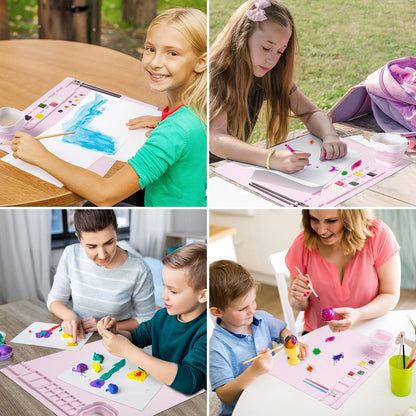 Silicone Painting Mat, Art Mat with Cup, Craft Paint Brush Cleaner Tool, Artist for Kids Gift Clay DIY Creations, Christmas Gift for Kids (Pink)