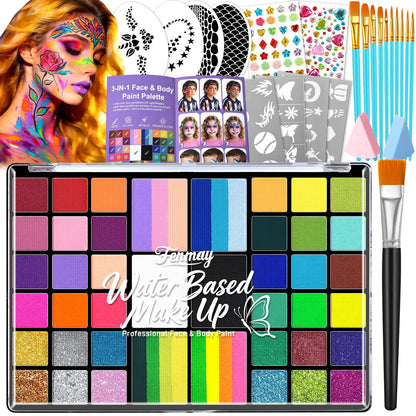 Fenmay Face Painting Kit for Kids - 42 Colors, Non-Toxic and Hypoallergenic, Stencils, Book, Brush, Sponge, and Professional Face Paint Makeup Palette- Safe and Easy to Use