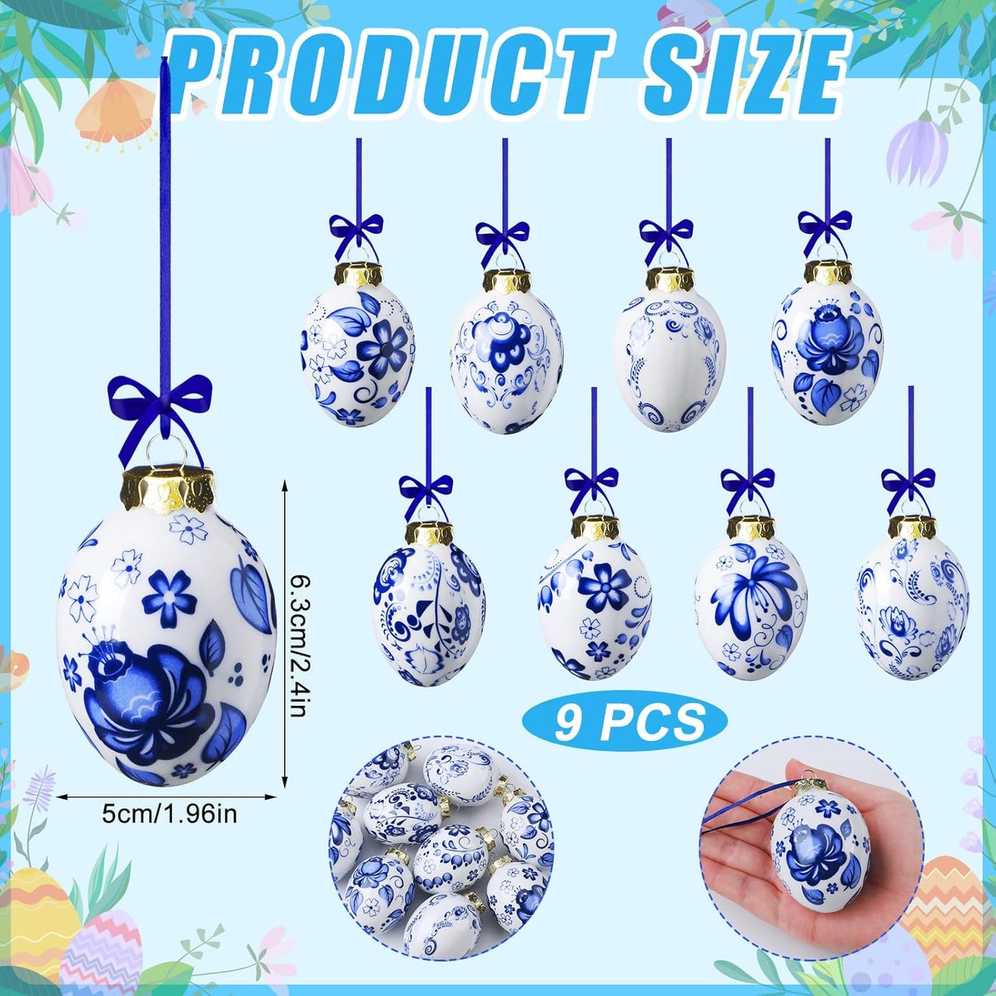 9 (9 Funtery Pcs Chinoiserie Porcelain Blue and White Easter Egg Hanging Pendants - Decorative Hanging Ornaments