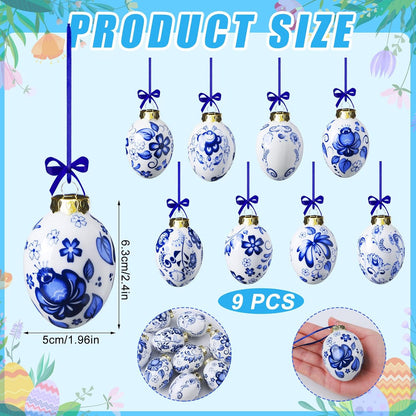 9 (9 Funtery Pcs Chinoiserie Porcelain Blue and White Easter Egg Hanging Pendants - Decorative Hanging Ornaments